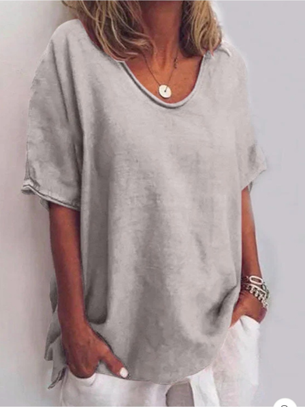 BRAND BAZAR- Women’s Light Taupe V-Neck Linen Top O/S